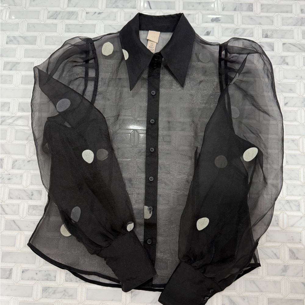 H&M Black White Polka Dot Dress Shirt with Sheer Puff Sleeves